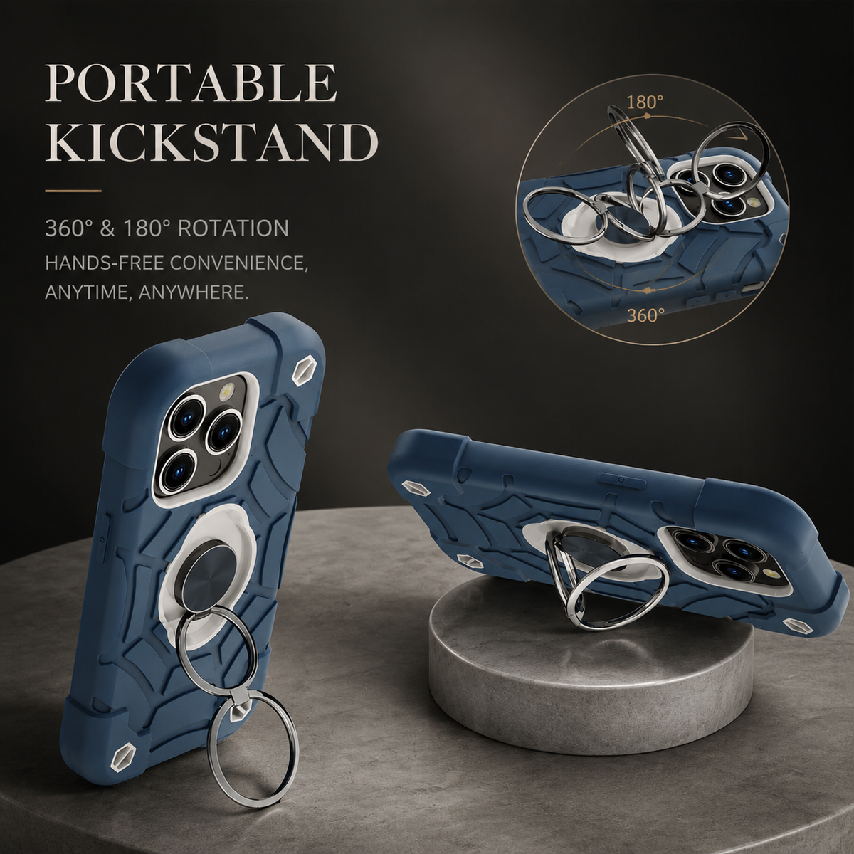 Premium iPhone Case Rugged Military Grade Dual Layer Shockproof Armor Kickstand Ring Holder Anti Slip Grip Full Protection Heavy Duty Protective Cover