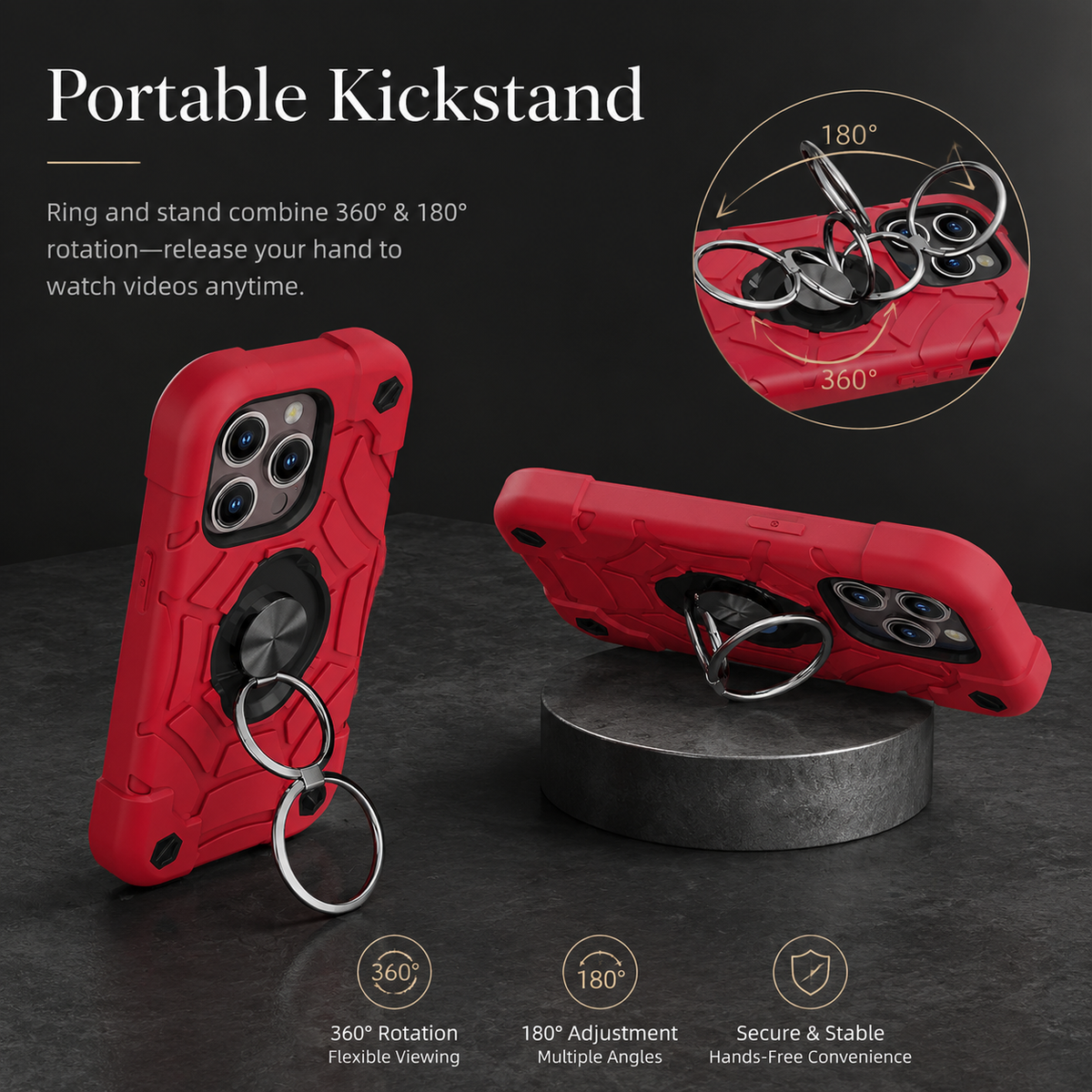 Premium iPhone Case Rugged Military Grade Dual Layer Shockproof Armor Kickstand Ring Holder Anti Slip Grip Full Protection Heavy Duty Protective Cover