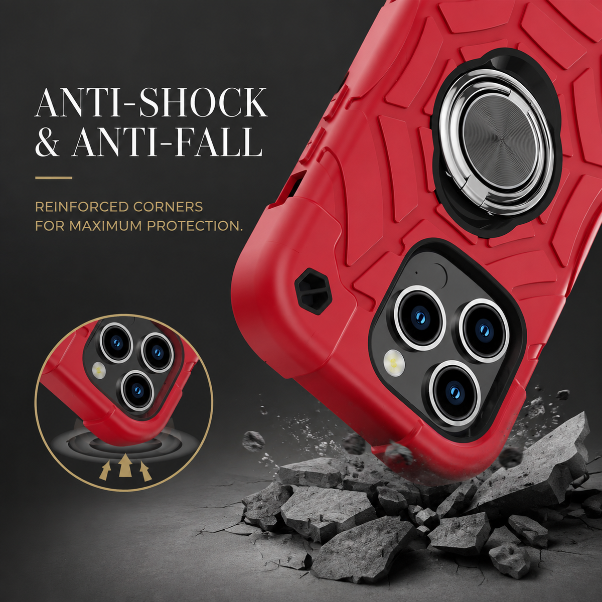 Premium iPhone Case Rugged Military Grade Dual Layer Shockproof Armor Kickstand Ring Holder Anti Slip Grip Full Protection Heavy Duty Protective Cover