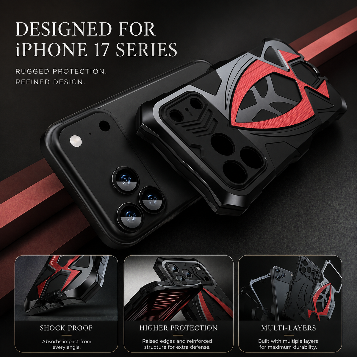 Premium iPhone Case Rugged Shockproof Metal Frame Armor Cover Anti Scratch Dustproof Full Edge Protection Reinforced Corner Grip Design