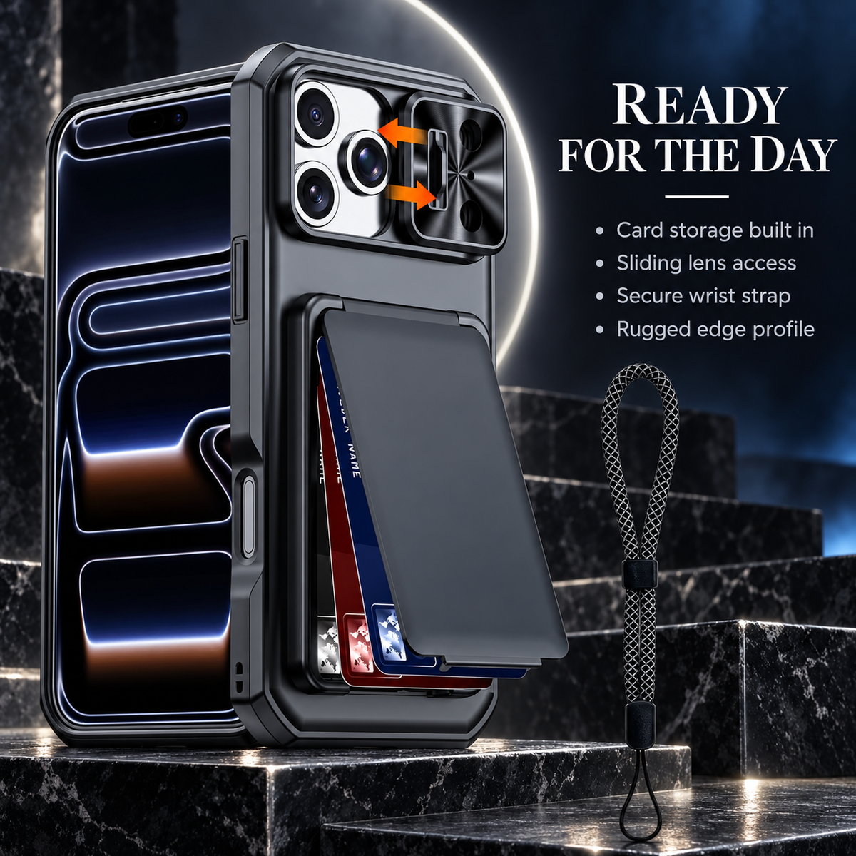 Premium iPhone Case Rugged Wallet 3-4 Card Holder Slide Camera Guard Kickstand Wrist Strap Shockproof Anti Drop Durable Full Protective Phone Cover Case