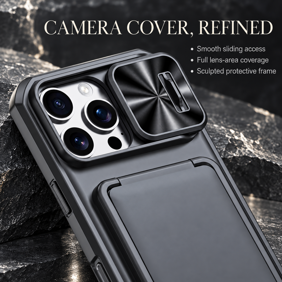 Premium iPhone Case Rugged Wallet 3-4 Card Holder Slide Camera Guard Kickstand Wrist Strap Shockproof Anti Drop Durable Full Protective Phone Cover Case