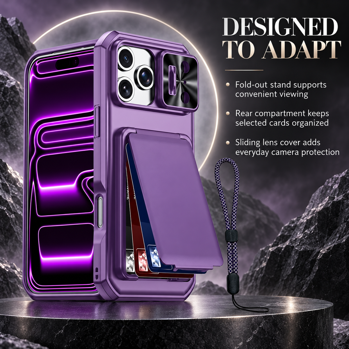 Premium iPhone Case Rugged Wallet 3-4 Card Holder Slide Camera Guard Kickstand Wrist Strap Shockproof Anti Drop Durable Full Protective Phone Cover Case