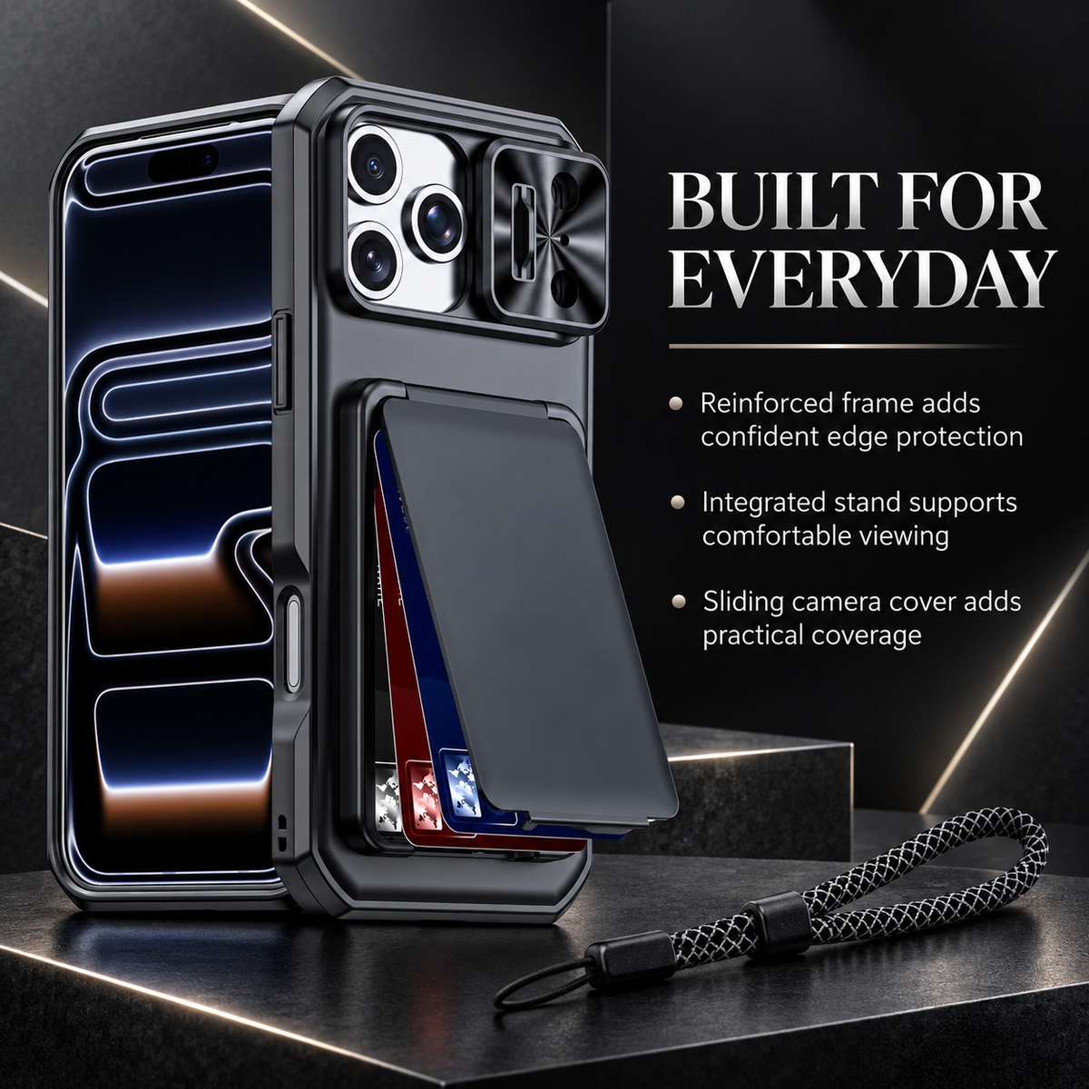 Premium iPhone Case Rugged Wallet 3-4 Card Holder Slide Camera Guard Kickstand Wrist Strap Shockproof Anti Drop Durable Full Protective Phone Cover Case