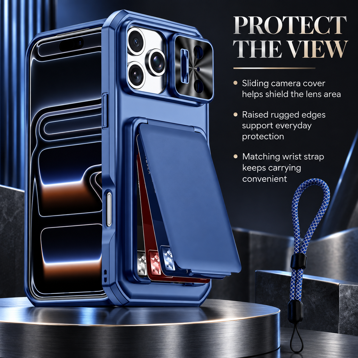 Premium iPhone Case Rugged Wallet 3-4 Card Holder Slide Camera Guard Kickstand Wrist Strap Shockproof Anti Drop Durable Full Protective Phone Cover Case