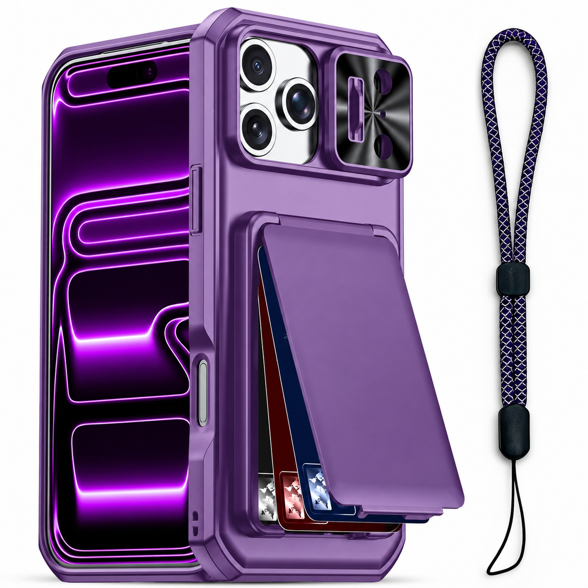 Premium iPhone Case Rugged Wallet 3-4 Card Holder Slide Camera Guard Kickstand Wrist Strap Shockproof Anti Drop Durable Full Protective Phone Cover Case