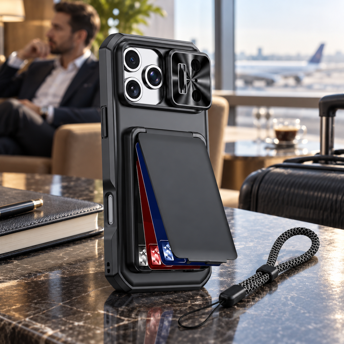 Premium iPhone Case Rugged Wallet 3-4 Card Holder Slide Camera Guard Kickstand Wrist Strap Shockproof Anti Drop Durable Full Protective Phone Cover Case