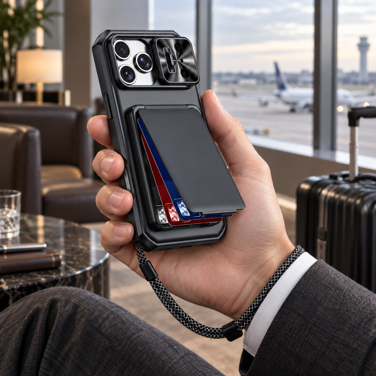 Premium iPhone Case Rugged Wallet 3-4 Card Holder Slide Camera Guard Kickstand Wrist Strap Shockproof Anti Drop Durable Full Protective Phone Cover Case