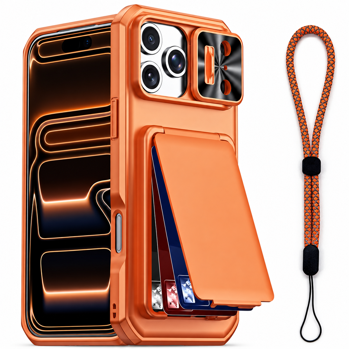 Premium iPhone Case Rugged Wallet 3-4 Card Holder Slide Camera Guard Kickstand Wrist Strap Shockproof Anti Drop Durable Full Protective Phone Cover Case