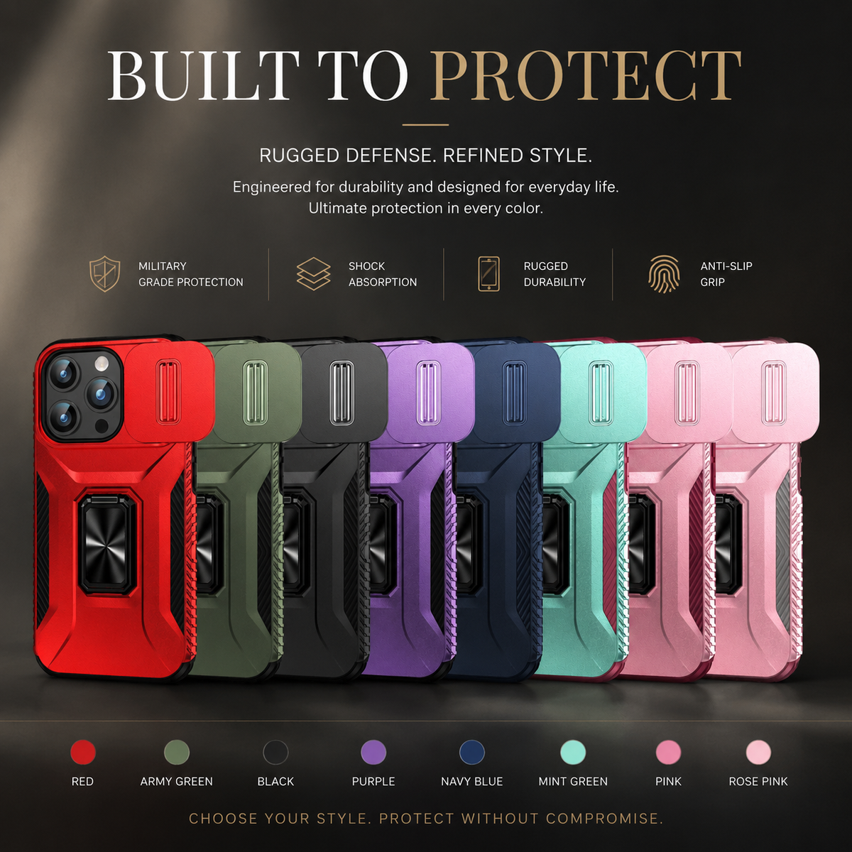 Premium iPhone Case Shockproof All Around Protective Cover Sliding Camera Lens Guard Rotary Stand Anti Slip Grip Durable Full Body Protection Design
