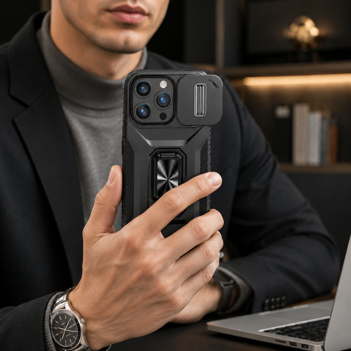 Premium iPhone Case Shockproof All Around Protective Cover Sliding Camera Lens Guard Rotary Stand Anti Slip Grip Durable Full Body Protection Design