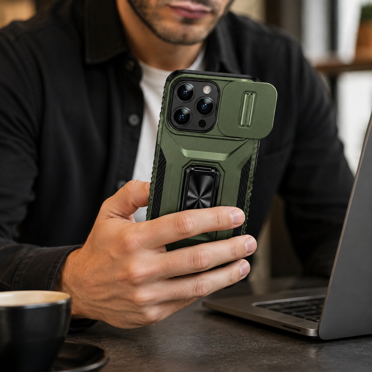 Premium iPhone Case Shockproof All Around Protective Cover Sliding Camera Lens Guard Rotary Stand Anti Slip Grip Durable Full Body Protection Design