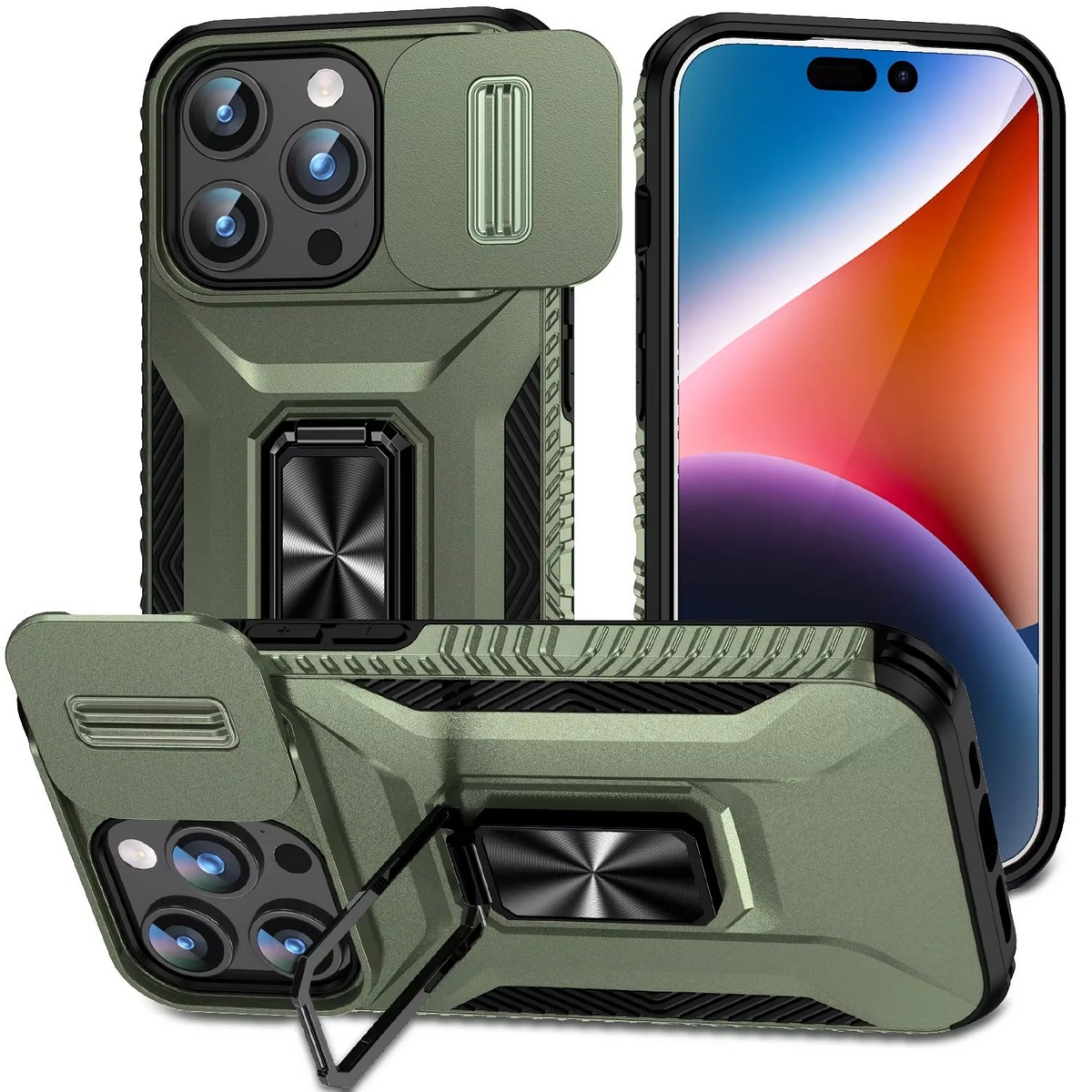 Premium iPhone Case Shockproof All Around Protective Cover Sliding Camera Lens Guard Rotary Stand Anti Slip Grip Durable Full Body Protection Design