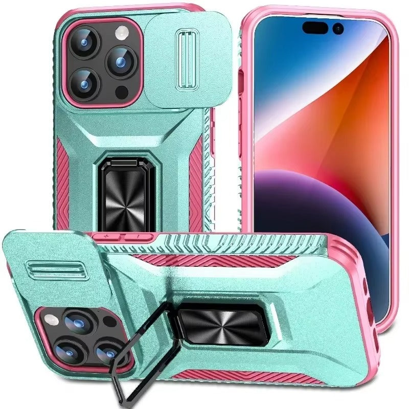 Premium iPhone Case Shockproof All Around Protective Cover Sliding Camera Lens Guard Rotary Stand Anti Slip Grip Durable Full Body Protection Design