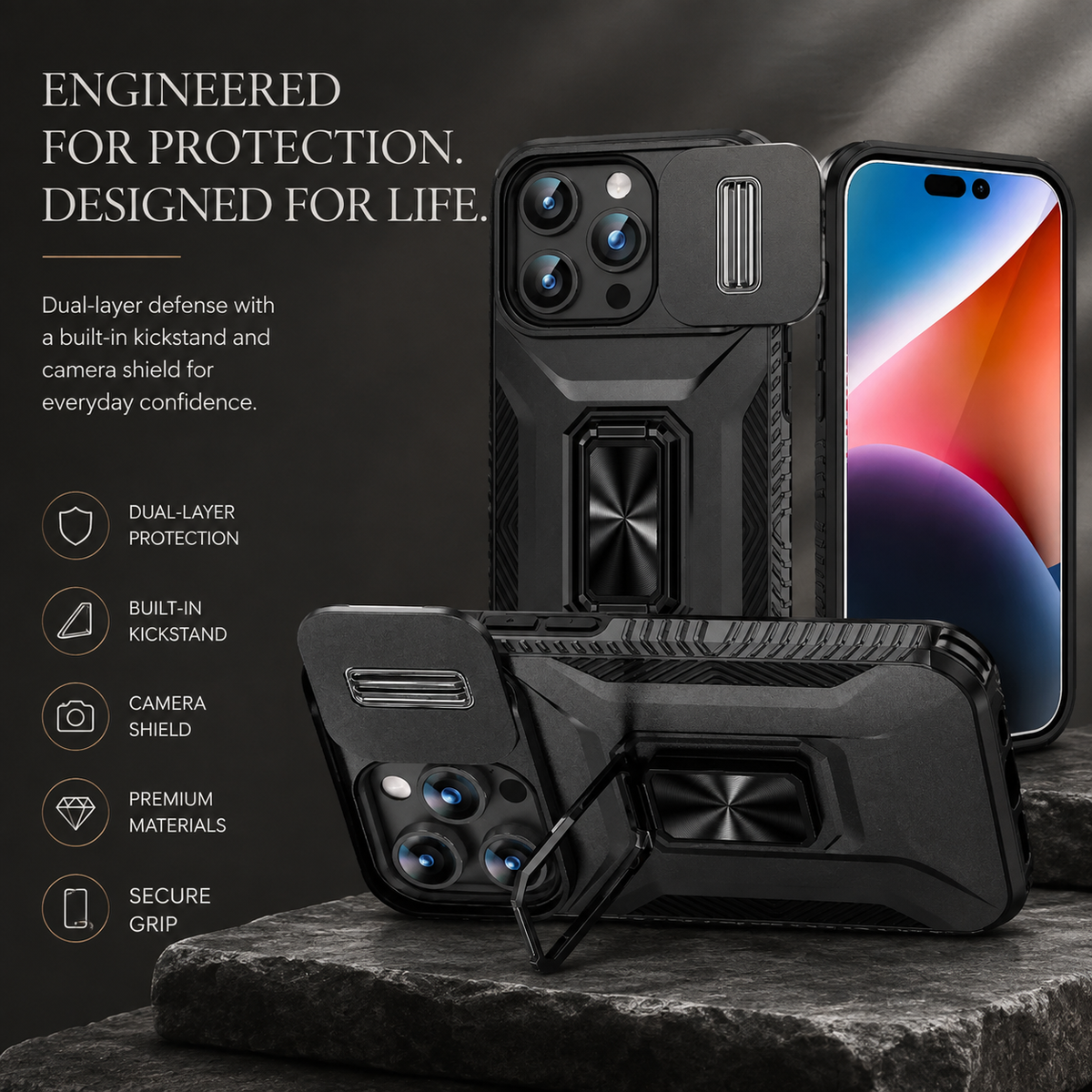 Premium iPhone Case Shockproof All Around Protective Cover Sliding Camera Lens Guard Rotary Stand Anti Slip Grip Durable Full Body Protection Design