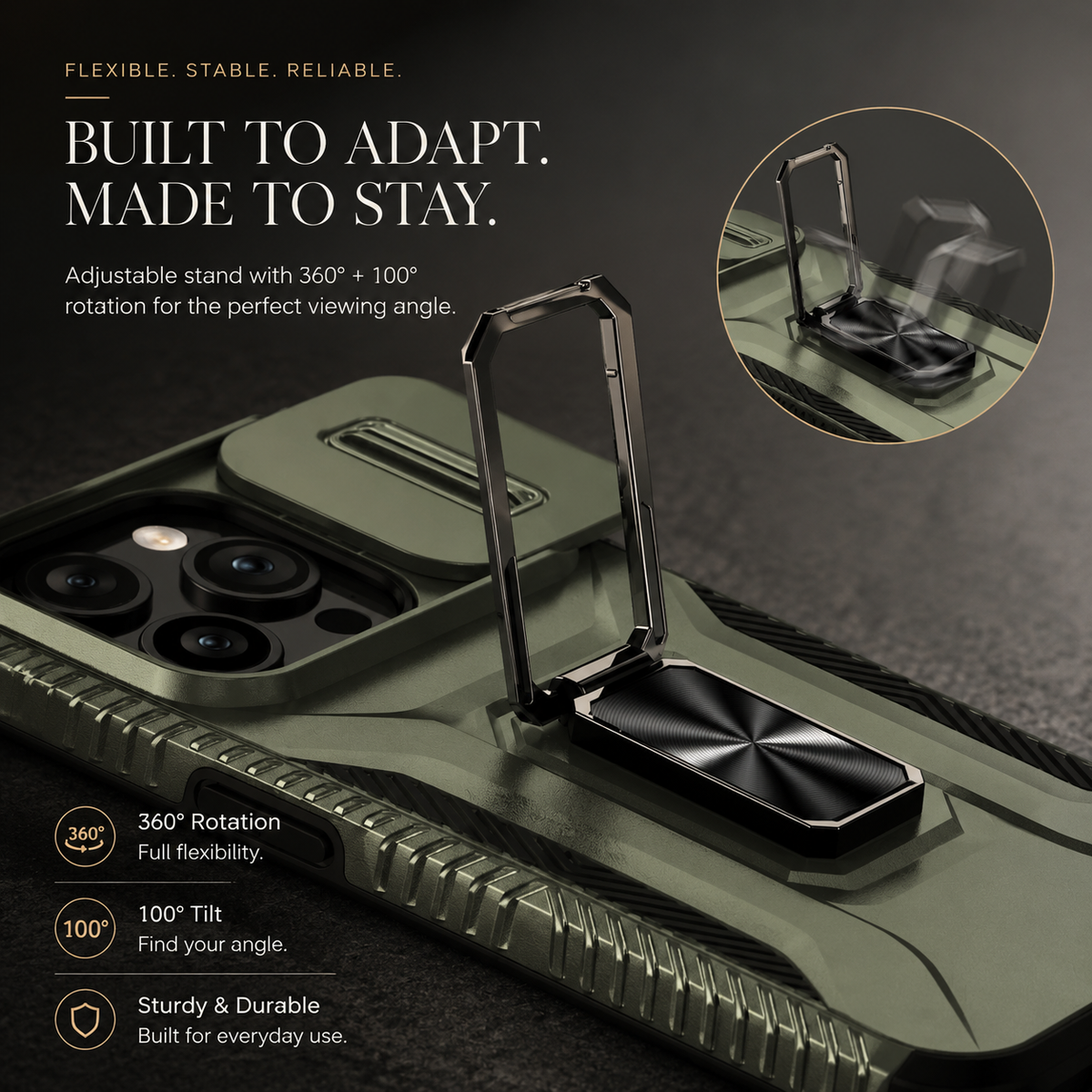 Premium iPhone Case Shockproof All Around Protective Cover Sliding Camera Lens Guard Rotary Stand Anti Slip Grip Durable Full Body Protection Design
