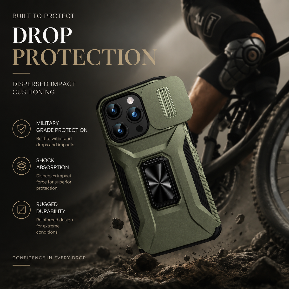Premium iPhone Case Shockproof All Around Protective Cover Sliding Camera Lens Guard Rotary Stand Anti Slip Grip Durable Full Body Protection Design