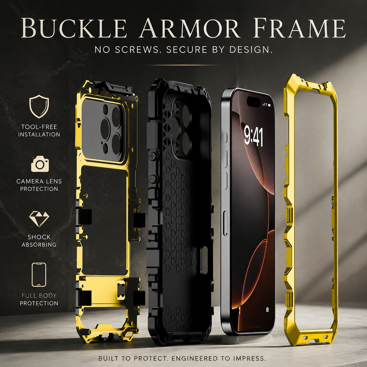 Premium iPhone Case Shockproof Metal Bumper Anti Fall Silicone Bracket Rugged Edge Protection Anti Slip Lightweight Protective Cover Durable Frame
