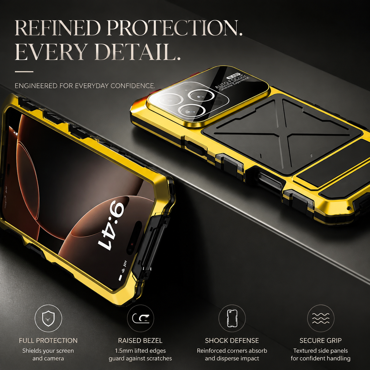Premium iPhone Case Shockproof Metal Bumper Anti Fall Silicone Bracket Rugged Edge Protection Anti Slip Lightweight Protective Cover Durable Frame