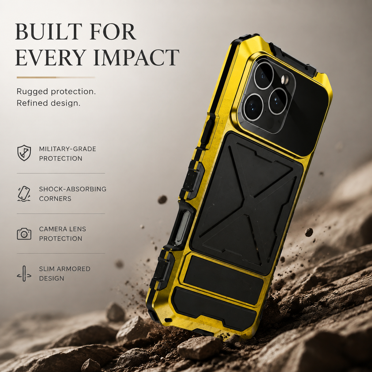 Premium iPhone Case Shockproof Metal Bumper Anti Fall Silicone Bracket Rugged Edge Protection Anti Slip Lightweight Protective Cover Durable Frame
