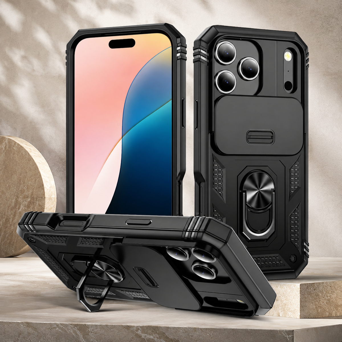 Premium iPhone Case Shockproof Sliding Camera Cover 360° Rotating Kickstand Heavy Duty Anti Slip Full Coverage Protective Phone Case Camera Protection