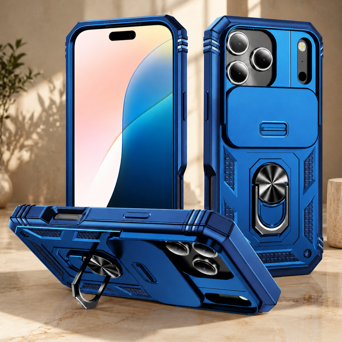 Premium iPhone Case Shockproof Sliding Camera Cover 360° Rotating Kickstand Heavy Duty Anti Slip Full Coverage Protective Phone Case Camera Protection