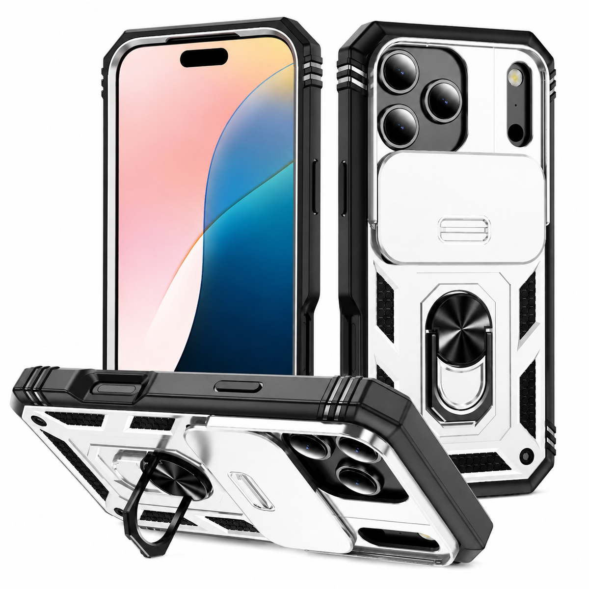 Premium iPhone Case Shockproof Sliding Camera Cover 360° Rotating Kickstand Heavy Duty Anti Slip Full Coverage Protective Phone Case Camera Protection