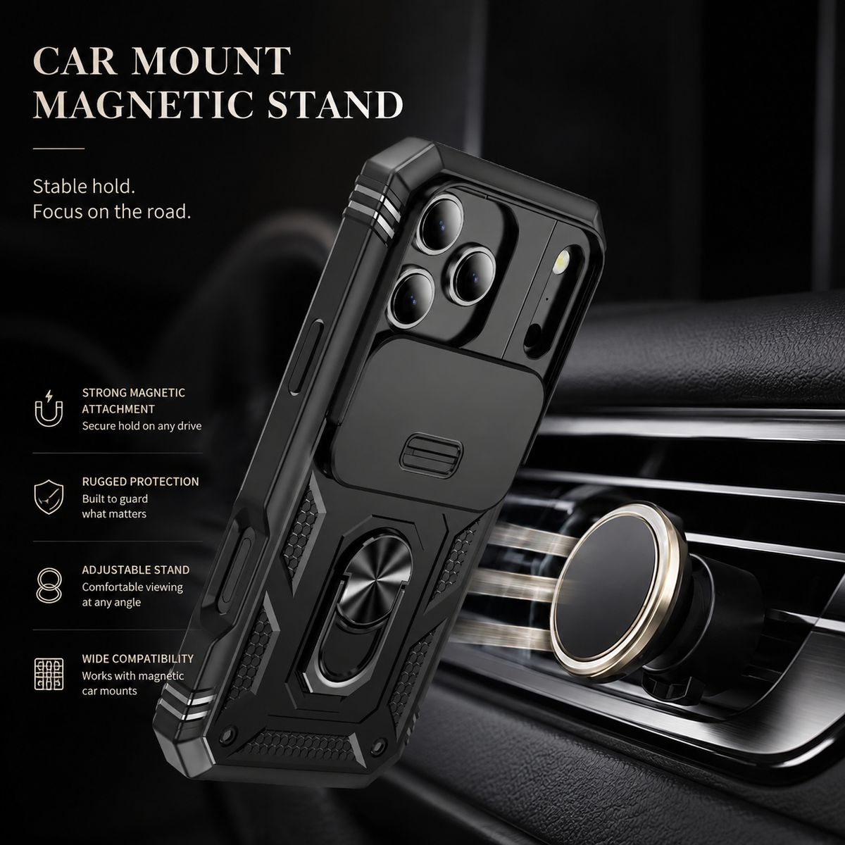 Premium iPhone Case Shockproof Sliding Camera Cover 360° Rotating Kickstand Heavy Duty Anti Slip Full Coverage Protective Phone Case Camera Protection