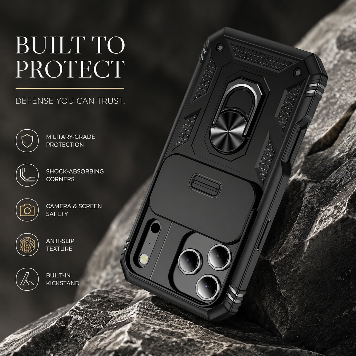 Premium iPhone Case Shockproof Sliding Camera Cover 360° Rotating Kickstand Heavy Duty Anti Slip Full Coverage Protective Phone Case Camera Protection