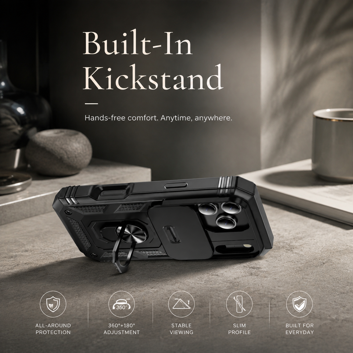 Premium iPhone Case Shockproof Sliding Camera Cover 360° Rotating Kickstand Heavy Duty Anti Slip Full Coverage Protective Phone Case Camera Protection