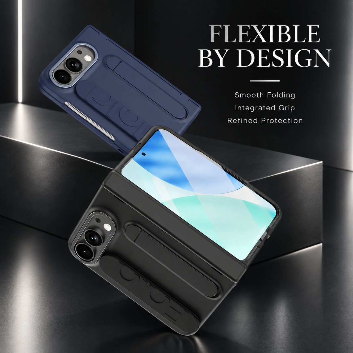 Premium iPhone Case Silicone Palm Strap Wristband Hinge Protection Foldable Cover Hard PC HD Screen Protector Shockproof Slim Durable Protective Phone Case