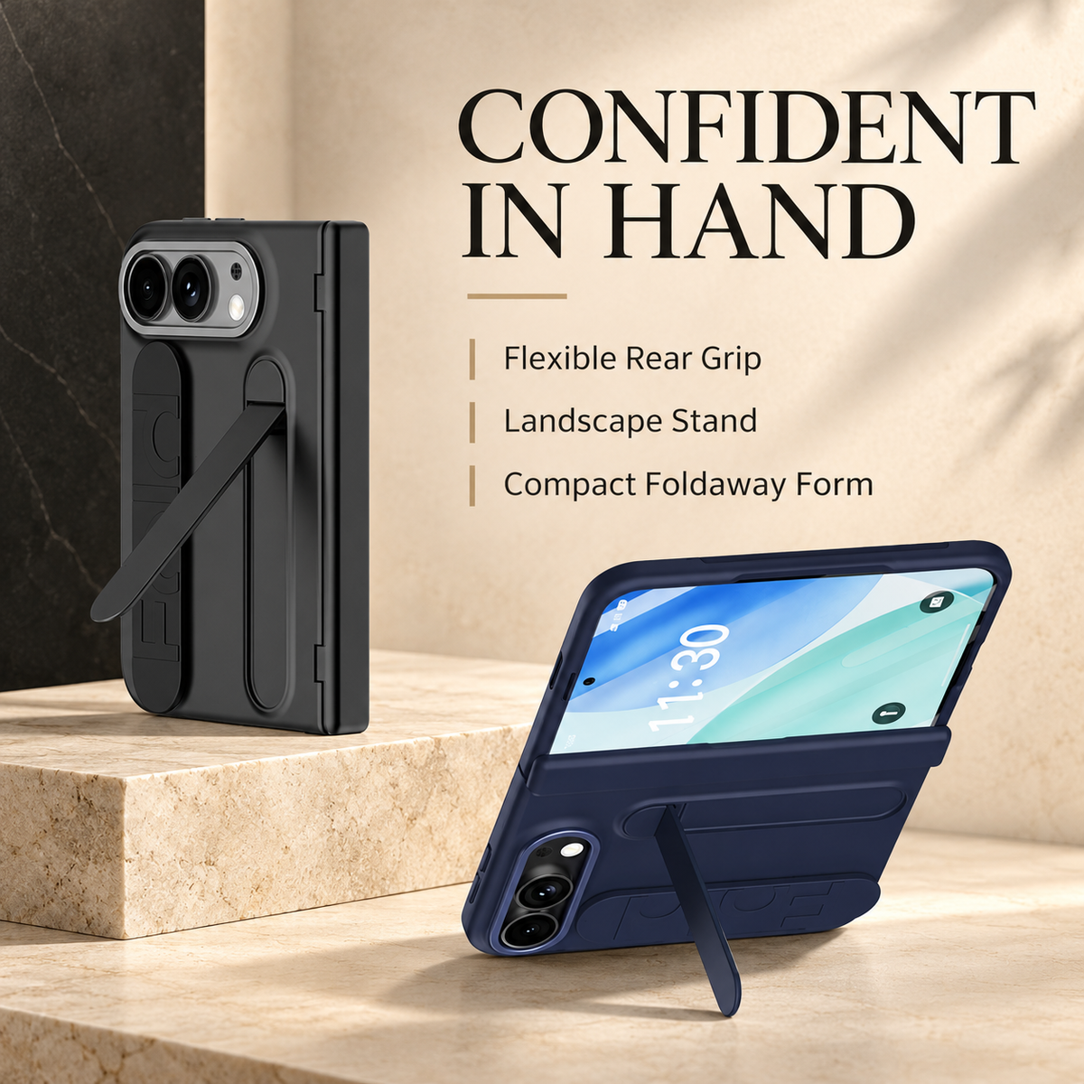 Premium iPhone Case Silicone Palm Strap Wristband Hinge Protection Foldable Cover Hard PC HD Screen Protector Shockproof Slim Durable Protective Phone Case