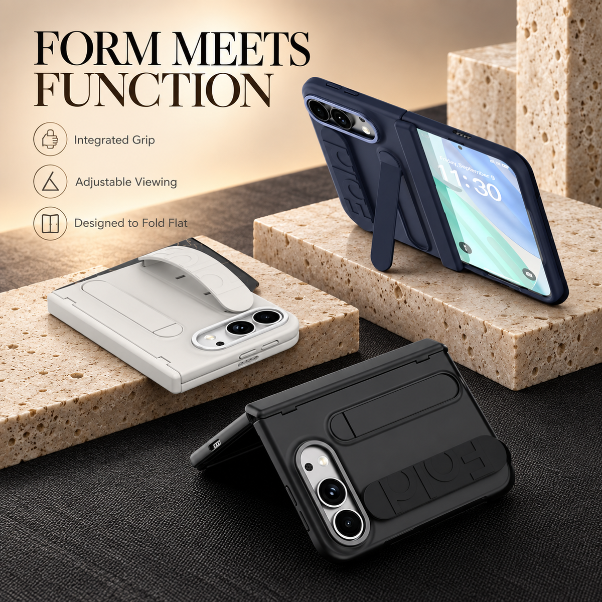 Premium iPhone Case Silicone Palm Strap Wristband Hinge Protection Foldable Cover Hard PC HD Screen Protector Shockproof Slim Durable Protective Phone Case