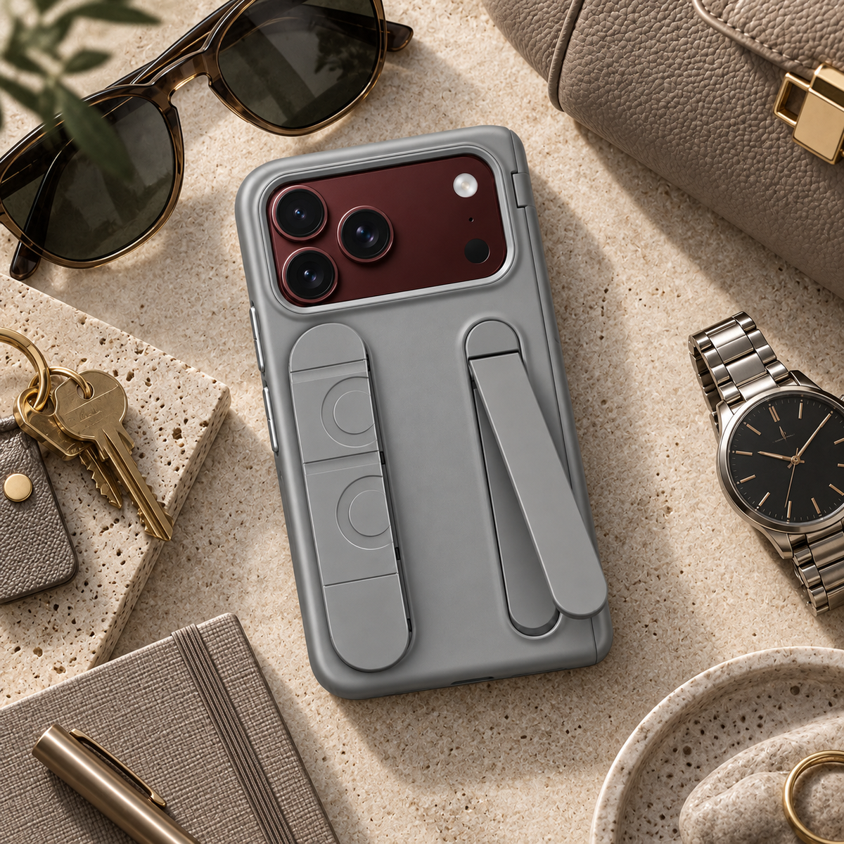 Premium iPhone Case Silicone Palm Strap Wristband Hinge Protection Foldable Cover Hard PC HD Screen Protector Shockproof Slim Durable Protective Phone Case