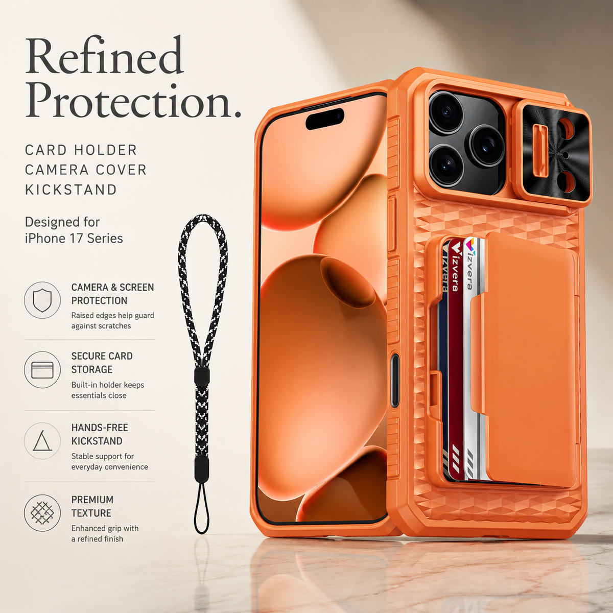 Premium iPhone Case Sliding Camera Wallet Cover with Card Holder Stand, PC TPU Shockproof Protective Design, Anti-Fingerprint Anti-Scratch Full Coverage