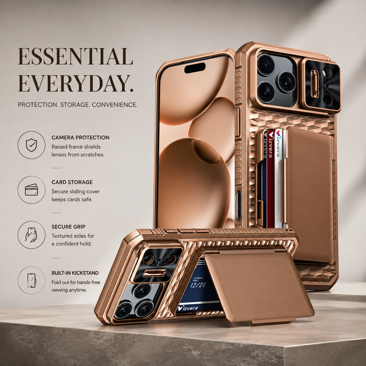 Premium iPhone Case Sliding Camera Wallet Cover with Card Holder Stand, PC TPU Shockproof Protective Design, Anti-Fingerprint Anti-Scratch Full Coverage