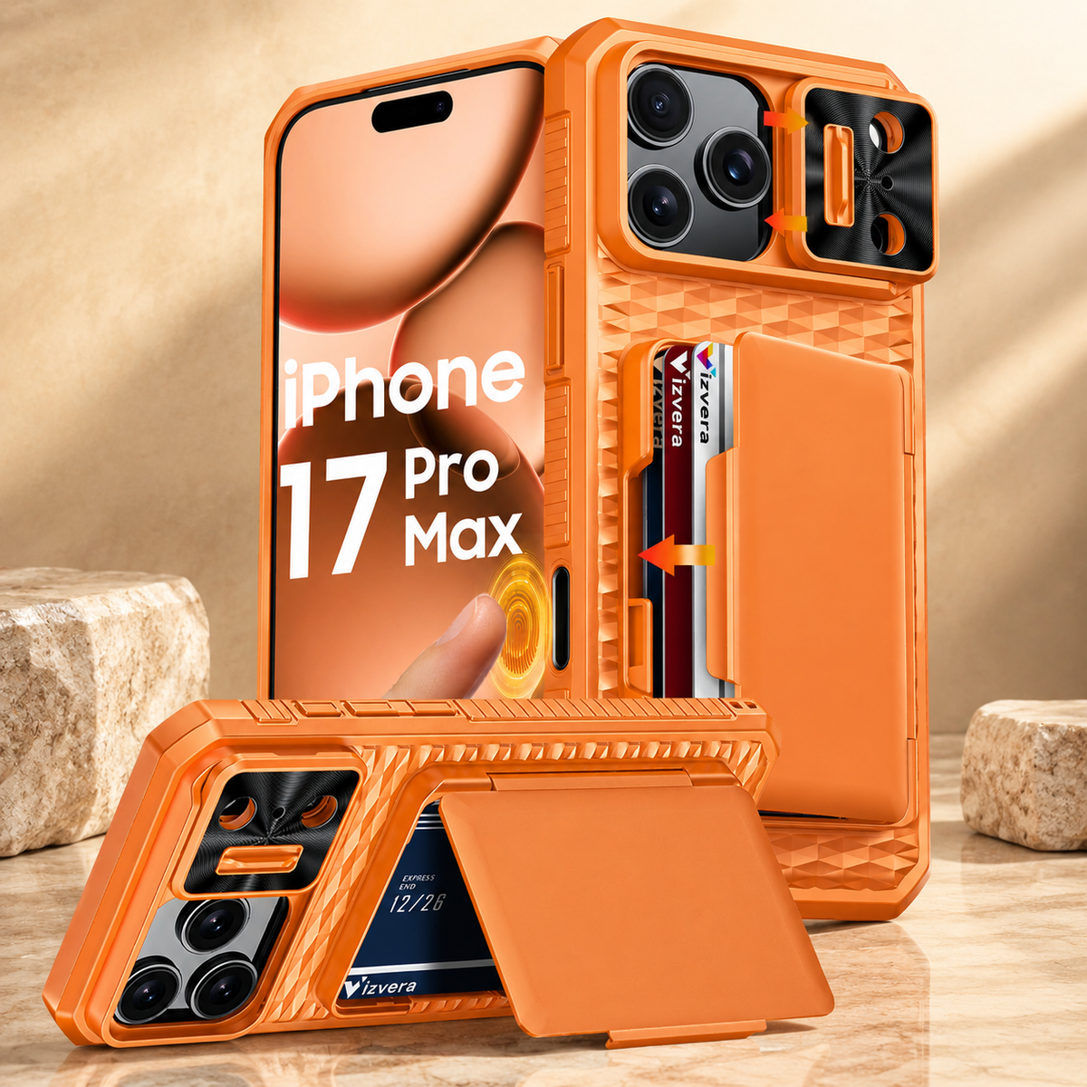 Premium iPhone Case Sliding Camera Wallet Cover with Card Holder Stand, PC TPU Shockproof Protective Design, Anti-Fingerprint Anti-Scratch Full Coverage