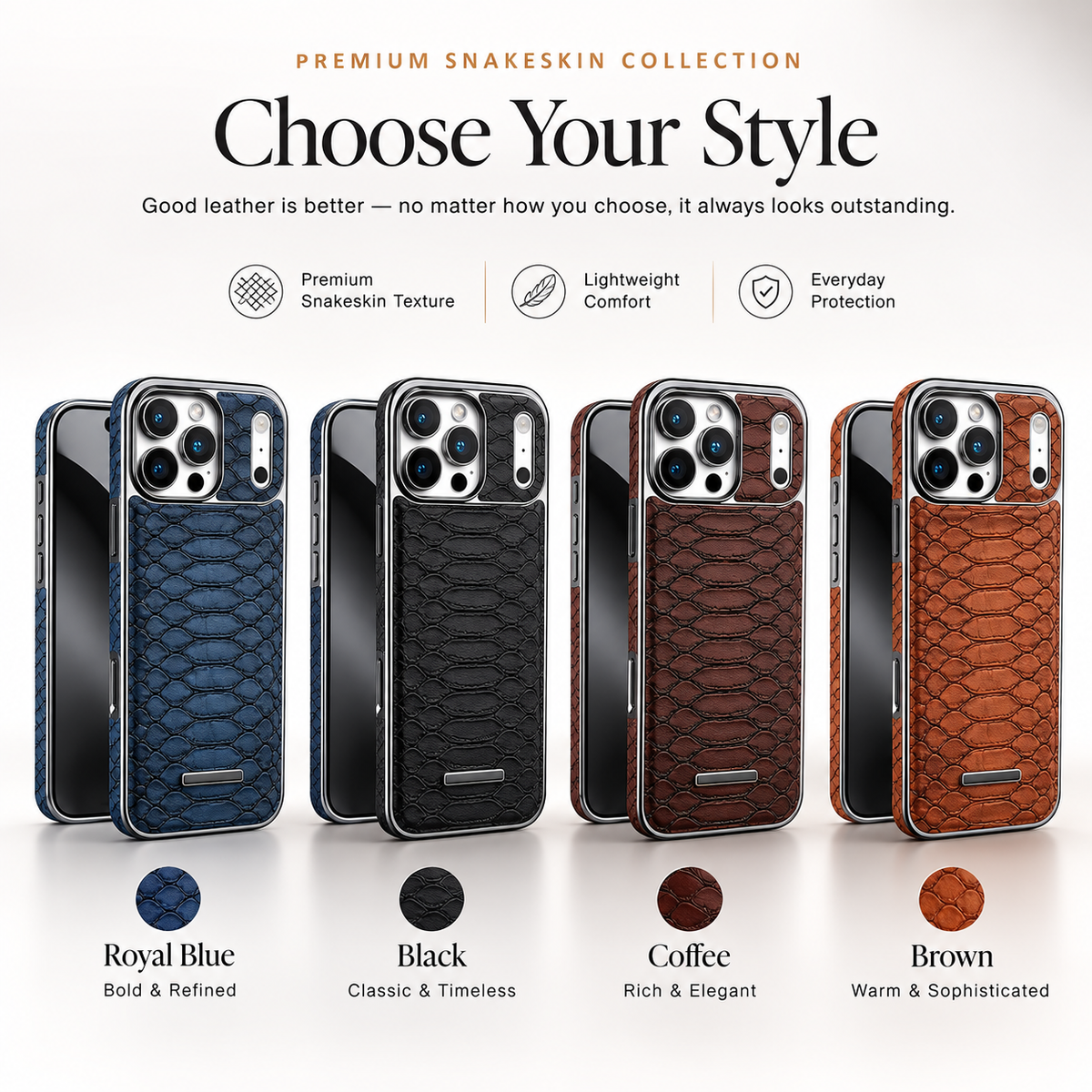 Premium iPhone Case Snake Pattern Leather Soft Flannel Lining Shockproof Anti Scratch Non Slip Fashion Protective Cover Wireless Charging Slim Design