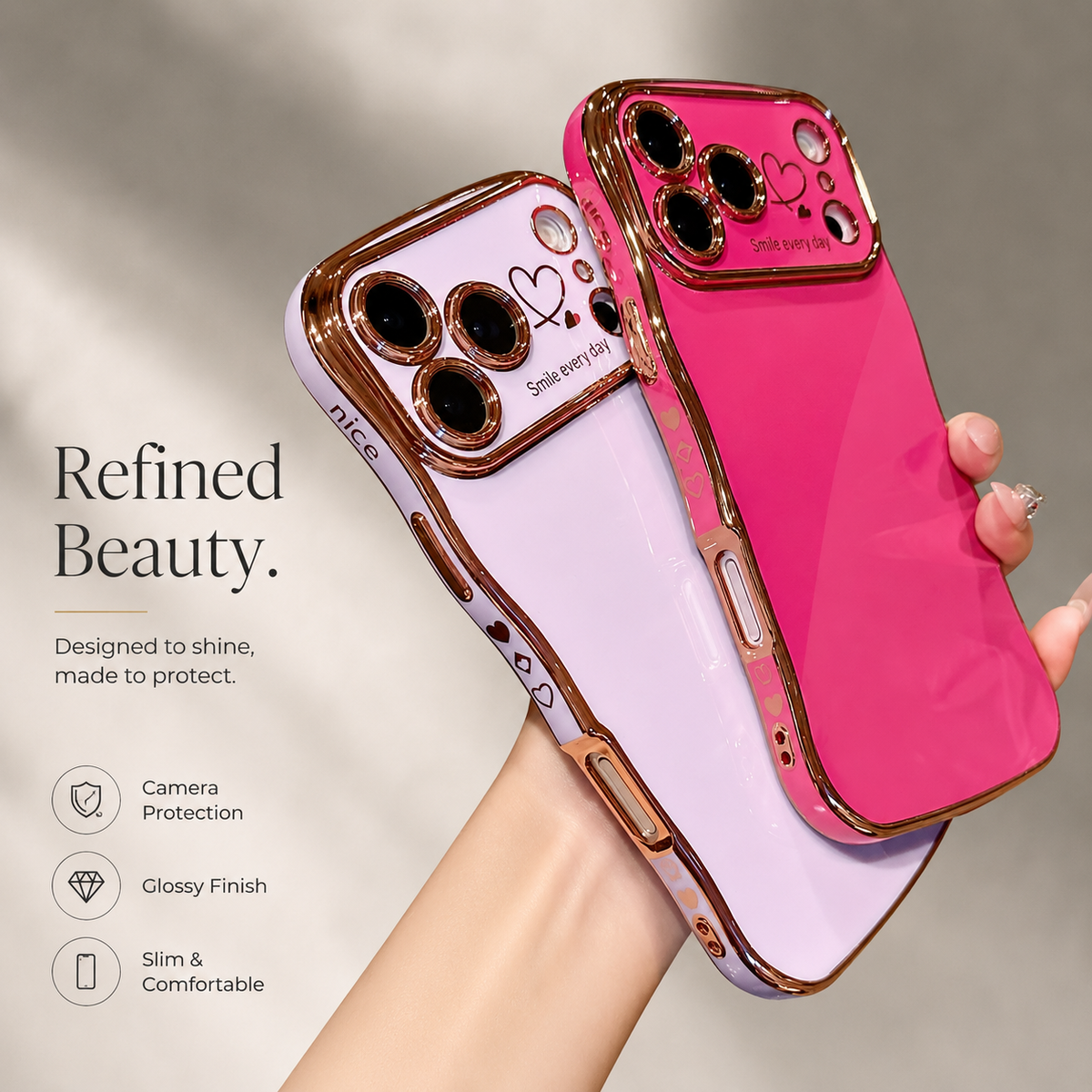 Premium iPhone Case Soft Wave Plating PC TPU Protective Cover Lightweight Full Coverage Wavy Edge Slim Shockproof Love Design Anti Scratch Case