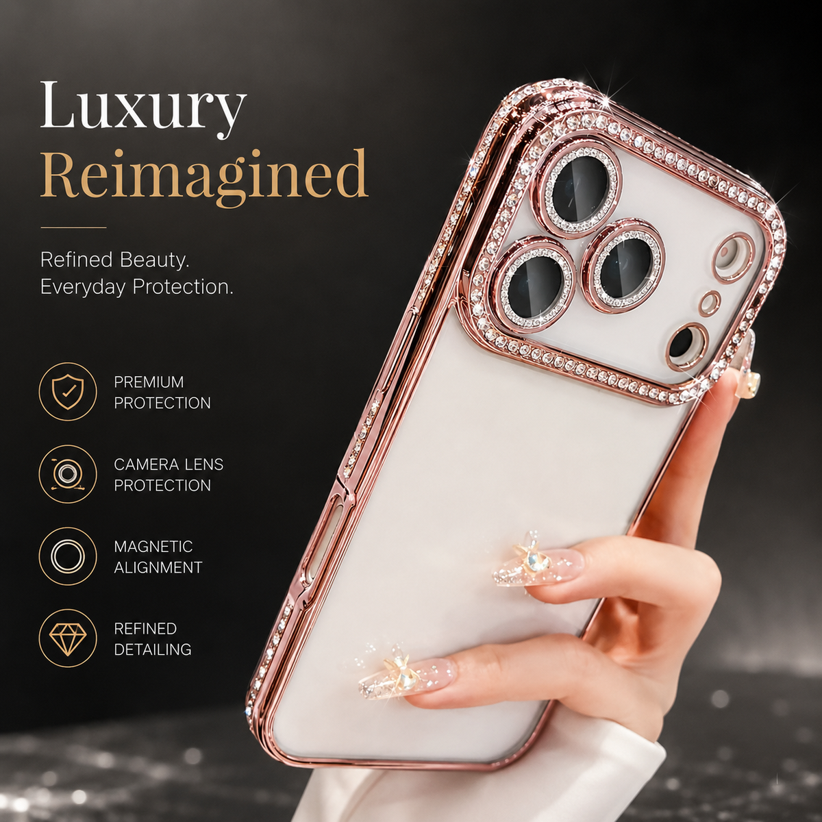 Premium iPhone Case Sparkling Rhinestone Clear Plating Shockproof TPU Dual Layer Anti Scratch Non Slip Lightweight Protective Bumper Cover Case Design