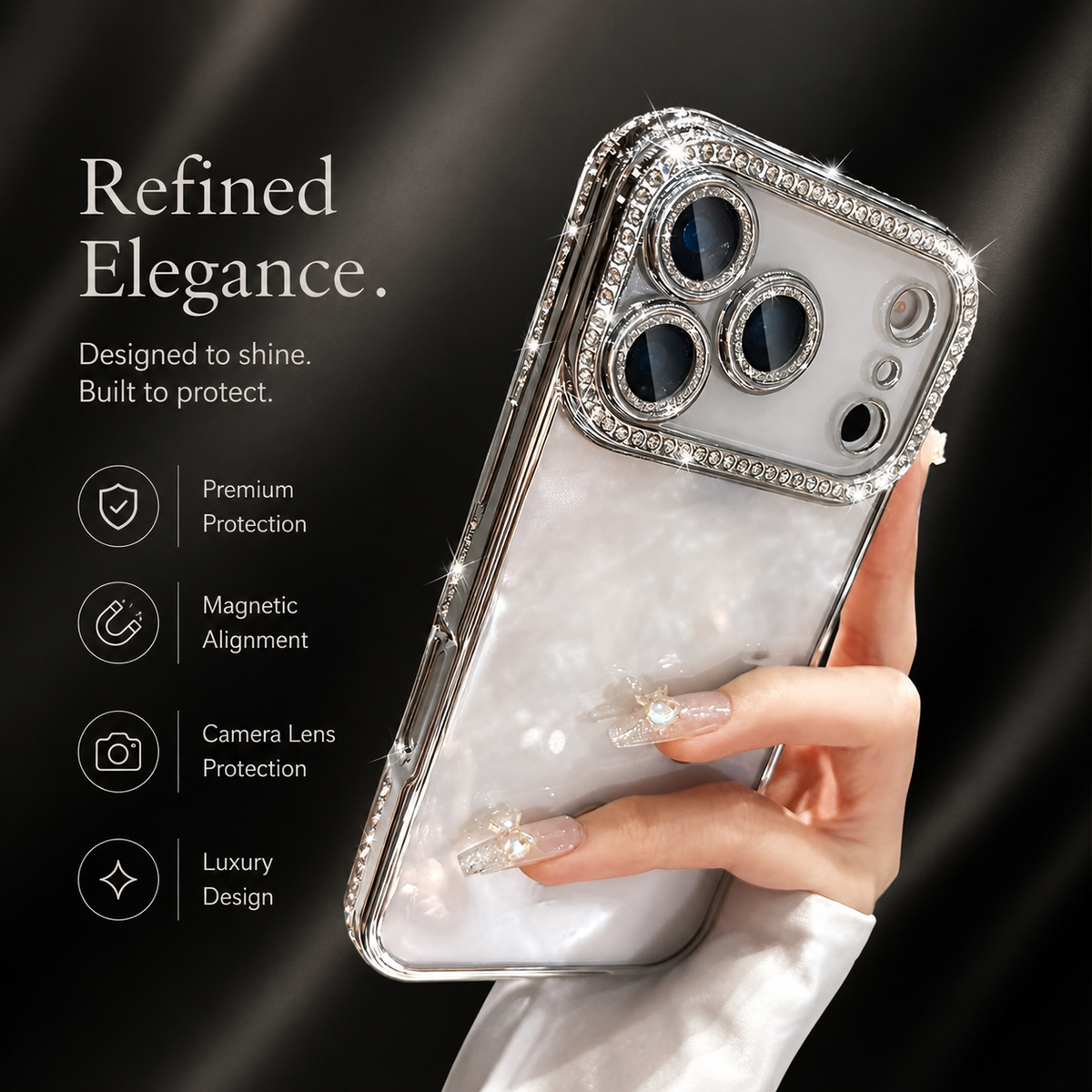 Premium iPhone Case Sparkling Rhinestone Clear Plating Shockproof TPU Dual Layer Anti Scratch Non Slip Lightweight Protective Bumper Cover Case Design