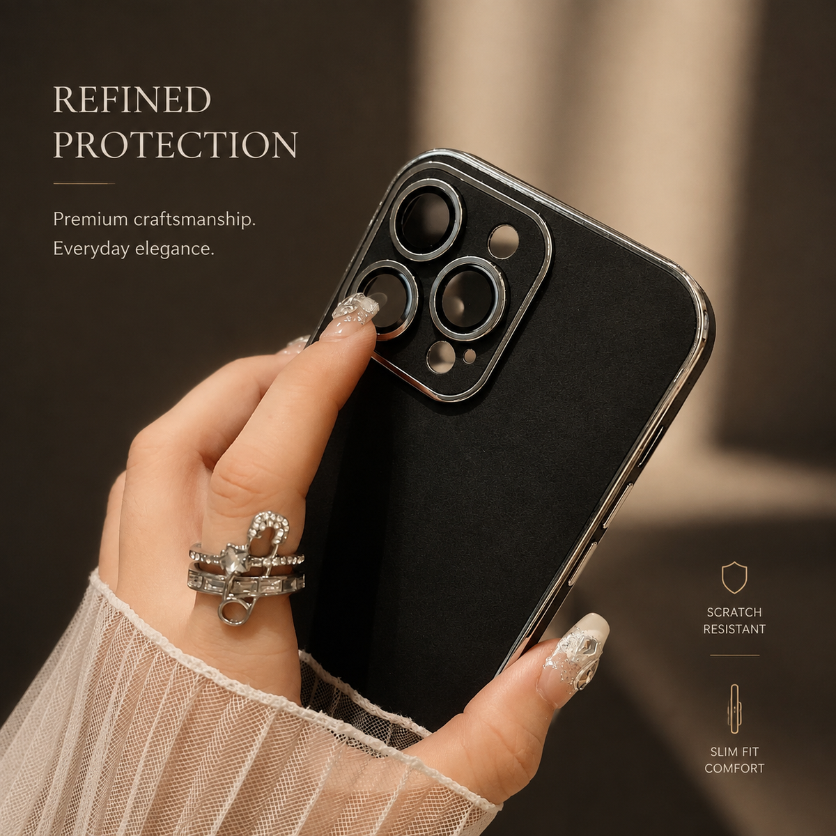 Premium iPhone Case Suede Leather Electroplated Ultra Thin Shockproof Protective Cover Soft Silicone Edges Non Slip Camera Lens Protection Slim