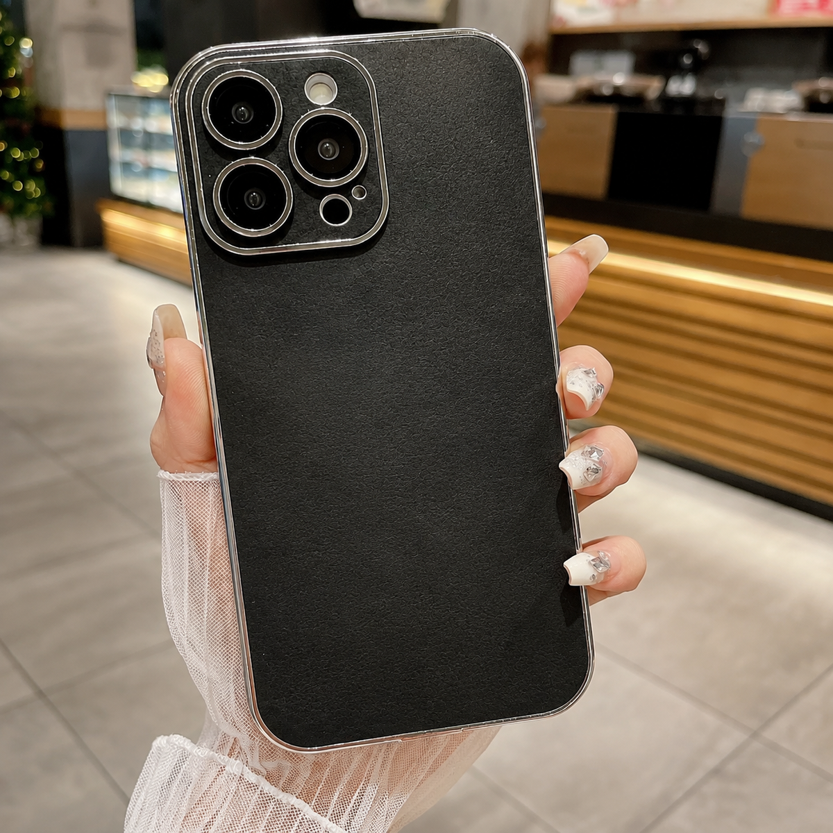 Premium iPhone Case Suede Leather Electroplated Ultra Thin Shockproof Protective Cover Soft Silicone Edges Non Slip Camera Lens Protection Slim