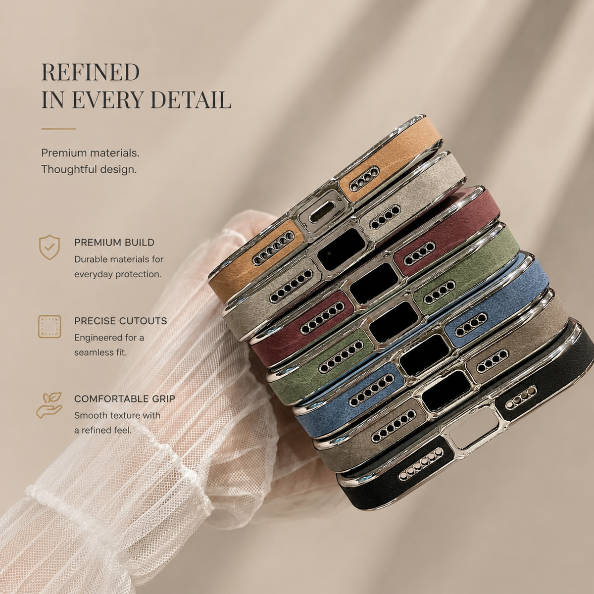 Premium iPhone Case Suede Leather Electroplated Ultra Thin Shockproof Protective Cover Soft Silicone Edges Non Slip Camera Lens Protection Slim