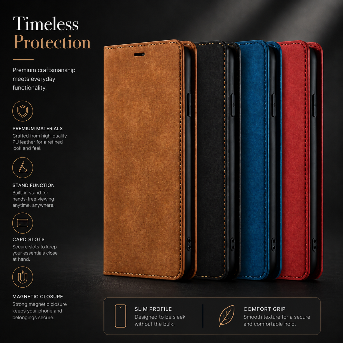 Premium iPhone Case Suede Leather Wallet Flip Cover Card Holder Magnetic Closure Shockproof Protective Cover Full Body Slim Design