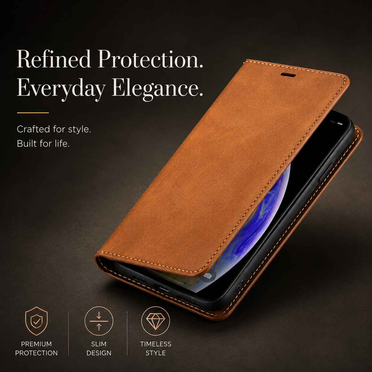 Premium iPhone Case Suede Leather Wallet Flip Cover Card Holder Magnetic Closure Shockproof Protective Cover Full Body Slim Design