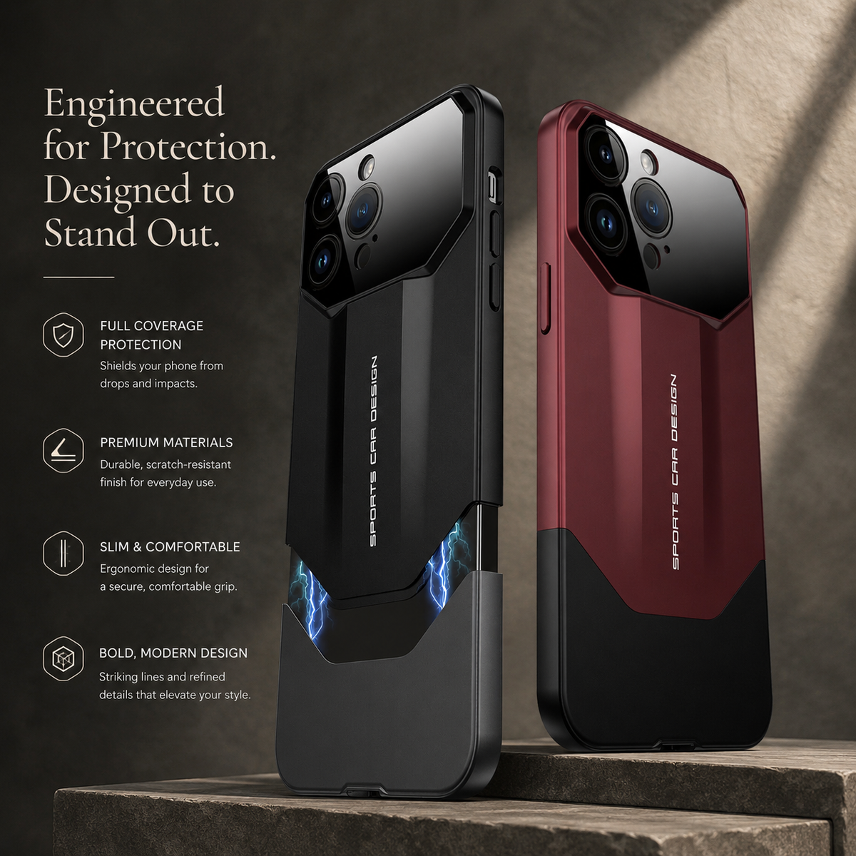 Premium iPhone Case Supercar Design Hard PC Shockproof Protective Cover Camera Lens Protection Anti Scratch Dustproof Slim Half Wrapped 2 in 1 Shell