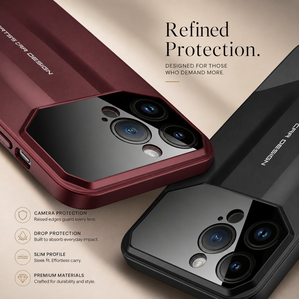 Premium iPhone Case Supercar Design Hard PC Shockproof Protective Cover Camera Lens Protection Anti Scratch Dustproof Slim Half Wrapped 2 in 1 Shell