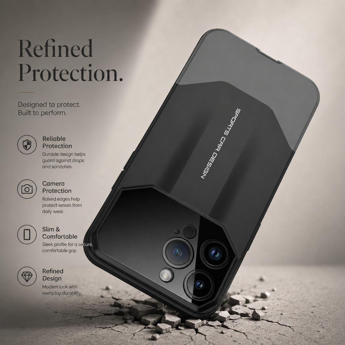 Premium iPhone Case Supercar Design Hard PC Shockproof Protective Cover Camera Lens Protection Anti Scratch Dustproof Slim Half Wrapped 2 in 1 Shell