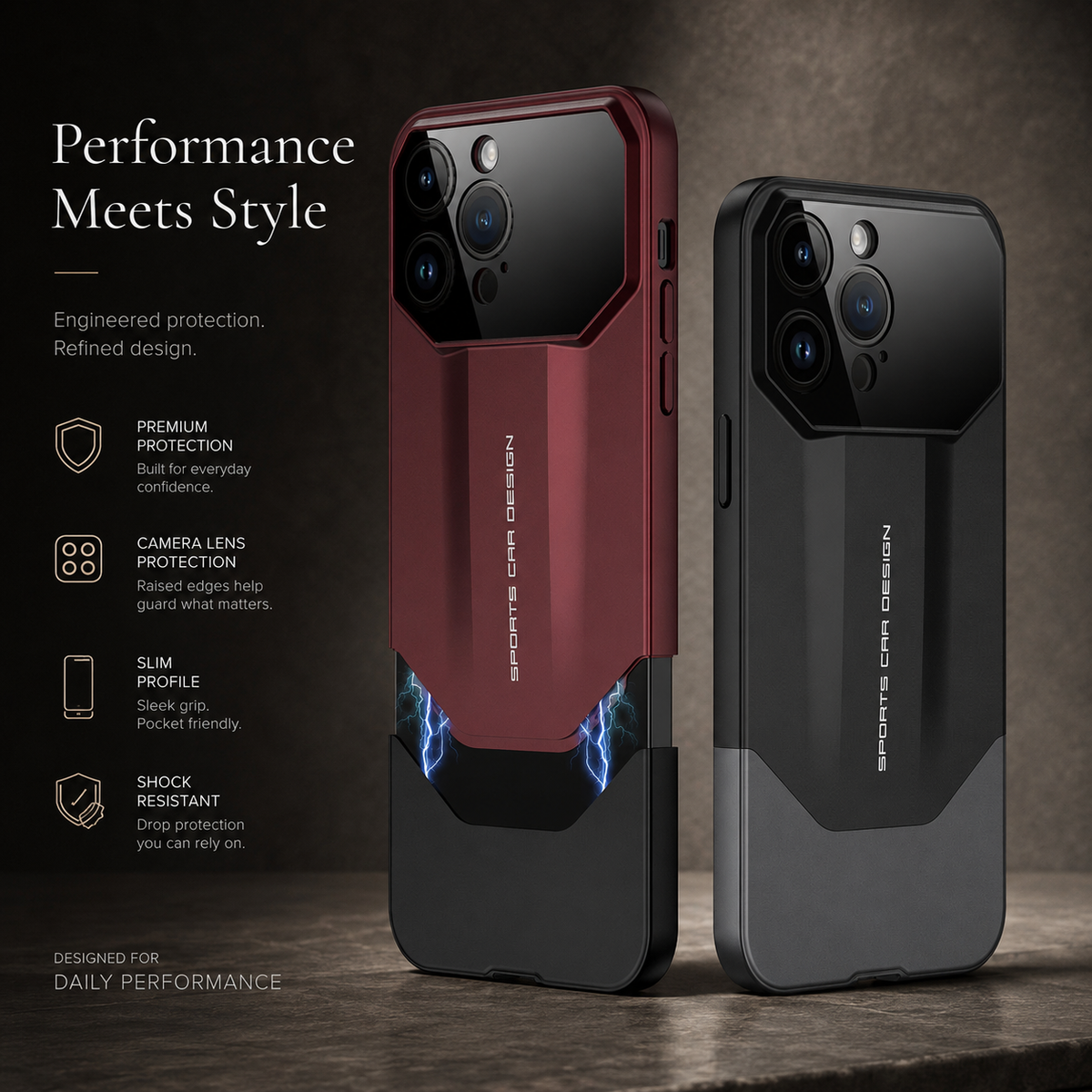 Premium iPhone Case Supercar Design Hard PC Shockproof Protective Cover Camera Lens Protection Anti Scratch Dustproof Slim Half Wrapped 2 in 1 Shell